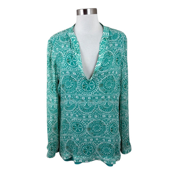 Tory Burch Green Silk Print Sequin Embellished Tunic Size 14 - Picture 1 of 4